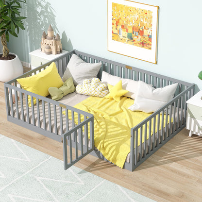 KEIKI Full Floor Bed Frame with High Fence Guardrail, Solid Wood Montessori Kids Bed, Pine Wood Platform Floor Bed with Storage Racks, White