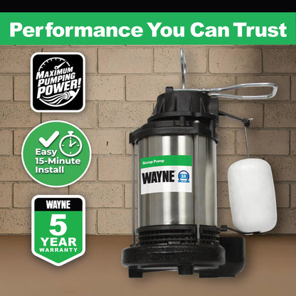 WAYNE CDU980E 3/4 HP Submersible Sump Pump – Cast Iron & Stainless Steel, Vertical Float Switch, 5,490 GPH, 5-Year Warranty