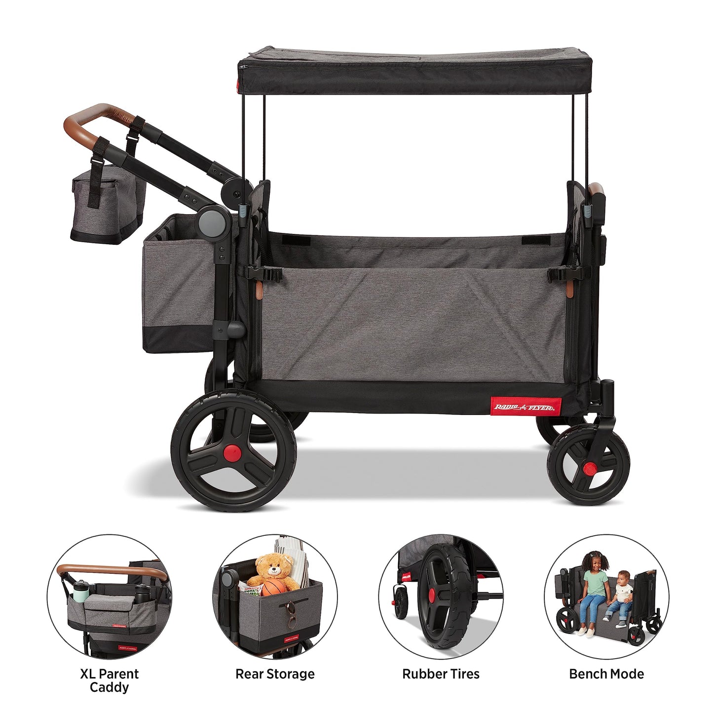 Radio Flyer Atlas Stroll 'N Wagon, Atlas Gray, for Ages 1+, 3-in-1 Push or Pull Versatility, One-Hand Fold, UV Canopy, 5-Point Harnesses, Storage Capabilities, Rubber Wheels, Stroller Wagon for Kids