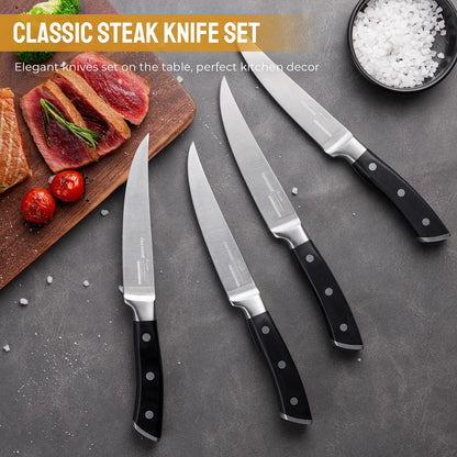 OAKSWARE Steak Knives, Non Serrated Steak Knife Set of 4, German Steel Steak Knife Set 5 Inch, 4 Pieces Professional Straight Edge Knives - Full Tang Ergonomic Handle