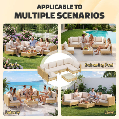 LHBcraft 7-Piece Wicker Outdoor Patio Furniture Set, Modular Rattan Outdoor Furniture, Patio Conversation Sets, Handmade Rattan, Water Resistant Fluffy Cushions and Coffee Table, Beige