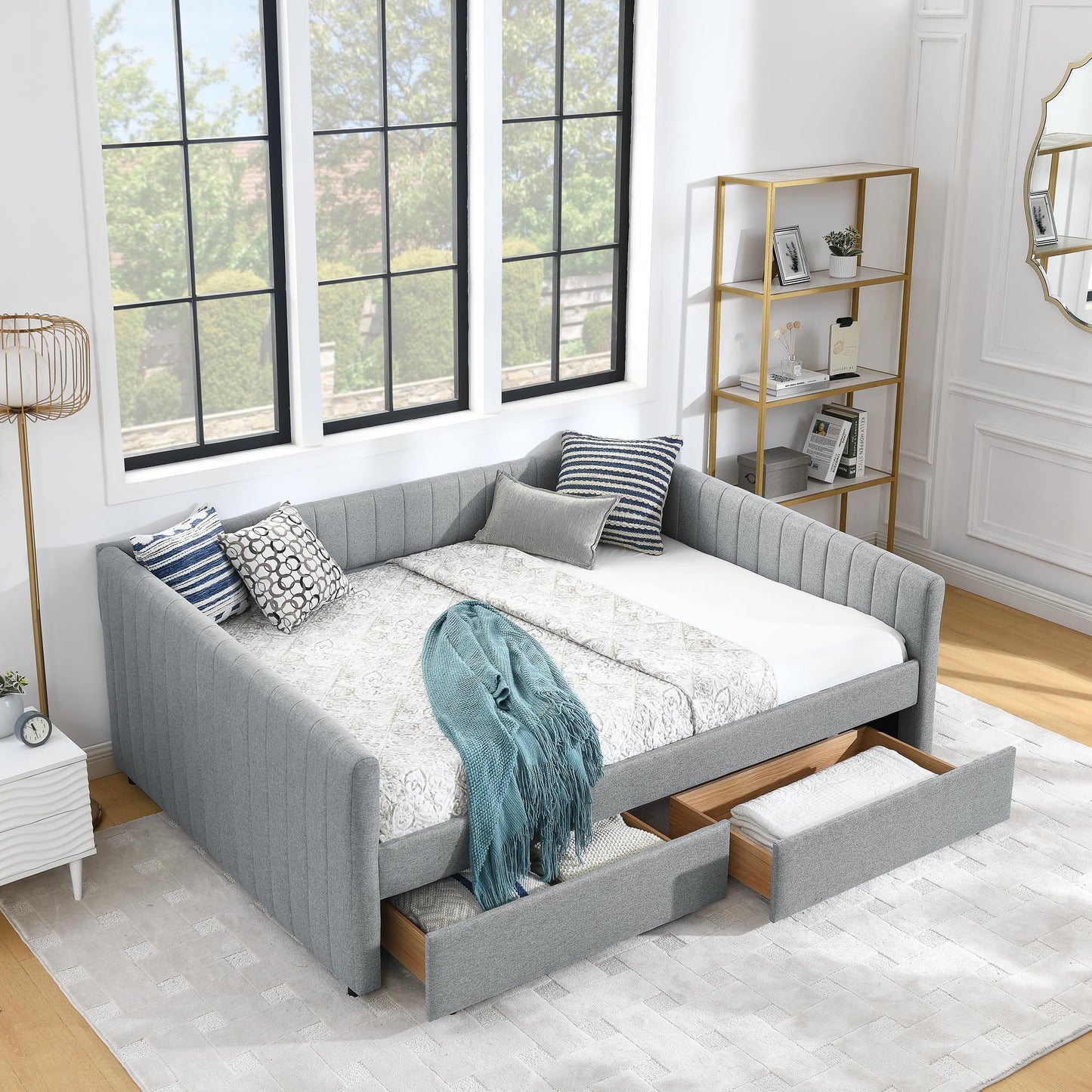 Ball & Cast Queen Size Daybed with Storage Drawers, Linen Upholstered Sofa Bed with Channel Tufted Backrest, Day Bed Frame with Wood Slats Supports, No Box Spring Needed,Grey