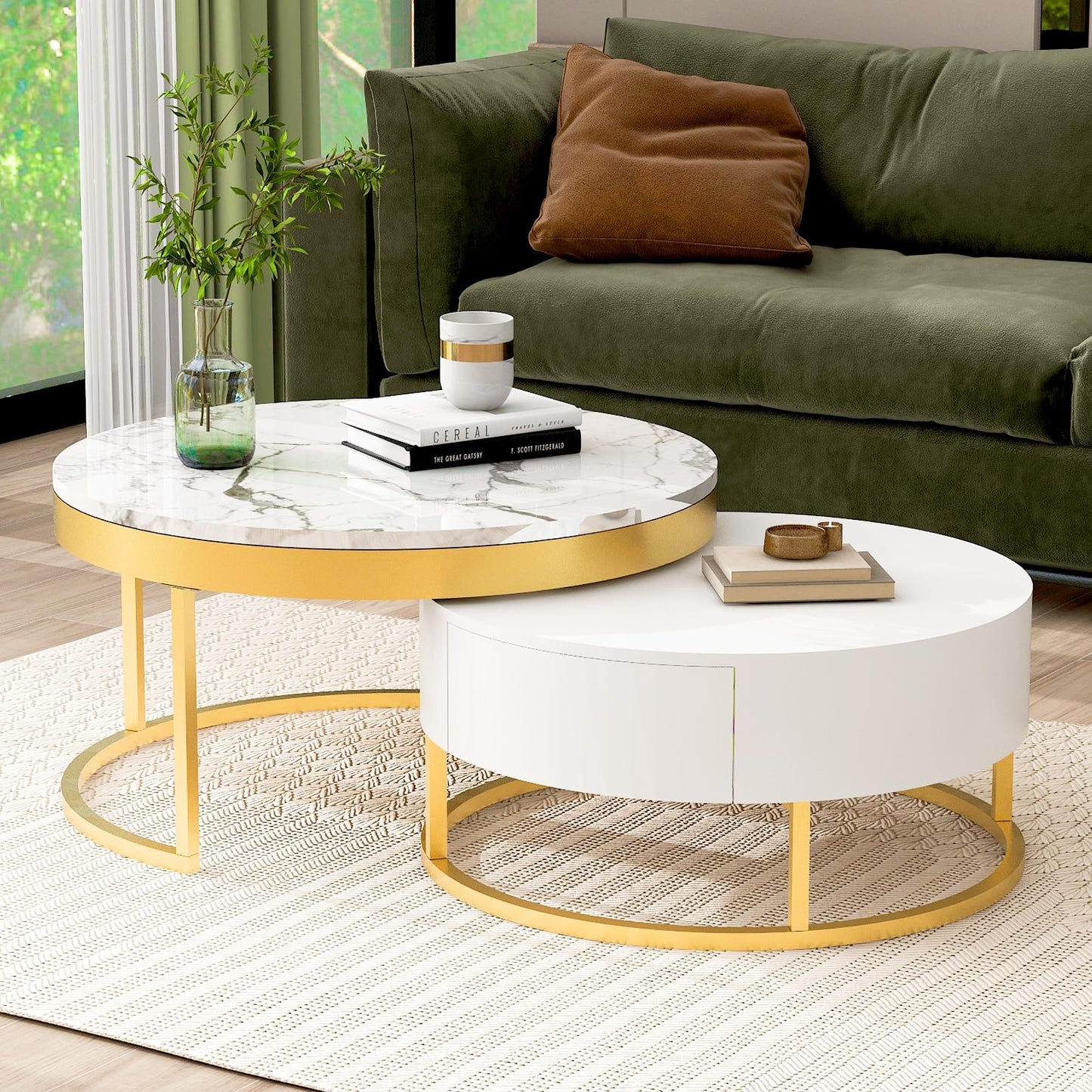 Merax 2-Piece Round Nesting Coffee Table Set with 2 Large Drawers, Marble Finish Tops & Ample Hidden Storage, Space Saving Modern Accent End Tables for Living Room, Apartment, White+Golden