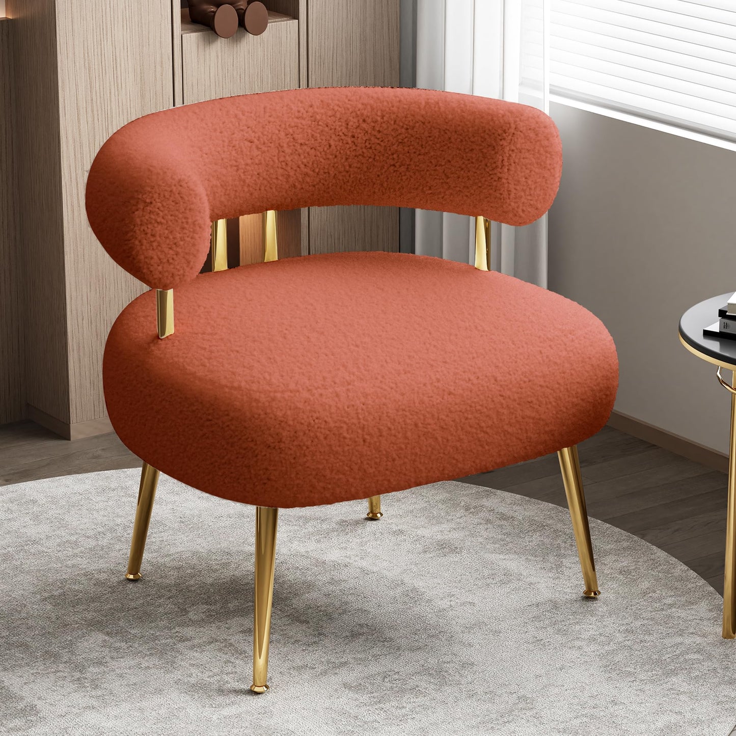 SEYNAR Mid Century Sherpa Boucle Accent Chair, Round Upholstered Barrel Arm Chair for Small Spaces, Fluffy Side Corner Sofa Chair for Living Room, Bedroom, Vanity, Office, Reading Nook(Orange)