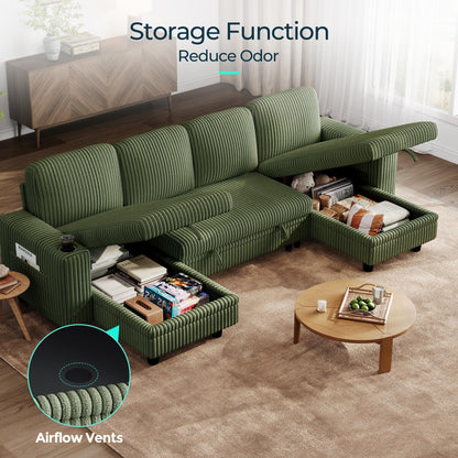 LINSY HOME Pull Out Sofa Bed Sectional Sleeper Sofa with Storage, Plush Corduroy Pullout Modular Sectional Couches for Living Room, U Shaped Convertible Couch Bed for Apartment (Green)