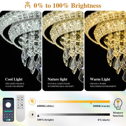 Kuailkag Crystal LED Ceiling Light 24" Modern Flush Mount Chandelier,K9 Crystal Raindrop,Elegant Lighting Fixture with Remote/APP,3CCT,Dimmable Living Room Chandeliers Lights-Golden