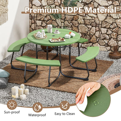 HAPPYGRILL 8-Person Picnic Table Bench Set with Umbrella Hole, 43” Outdoor Dining Table w/4 Benches, Wood-Like Texture Tabletop, Stable U-Shaped Base, Round Table for Backyards, Green