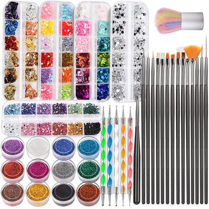 FANDAMEI Nail Art Kit, Nail Art Brushes Set, Nail Design Kit Dotting Tools, Fine Nail Glitter, Nail Decoration Butterfly Heart Glitter Sequins, Foil Flakes, Nail Rhinestones, Dust Brush