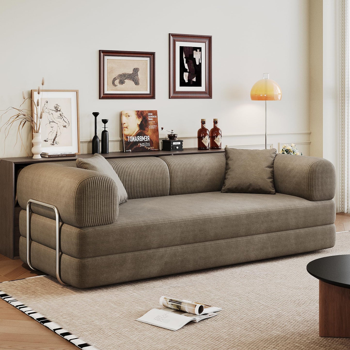 KEIKI 78.8 inch Compression Sofa, Convertible Floor Sofa Bed, Comfy Futon Couch Sleeper Bed, Corduroy Folding Loveseats for Living Room, Camel