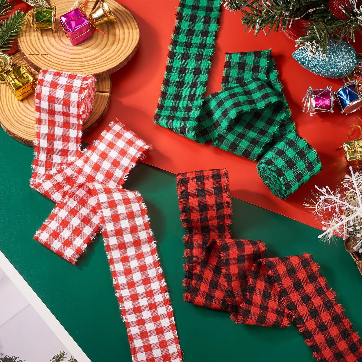 FASHEWELRY 3 Rolls Christmas Plaid Ribbon Cotton Handmade Fringe Wrapping Ribbon Red Green Natural Linen Ribbons for Christmas Tree Bows Decorations Gifts Wrapping