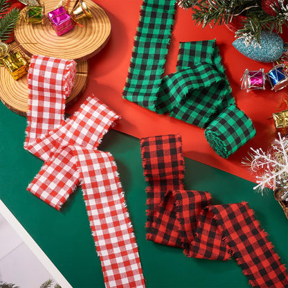 FASHEWELRY 3 Rolls Christmas Plaid Ribbon Cotton Handmade Fringe Wrapping Ribbon Red Green Natural Linen Ribbons for Christmas Tree Bows Decorations Gifts Wrapping