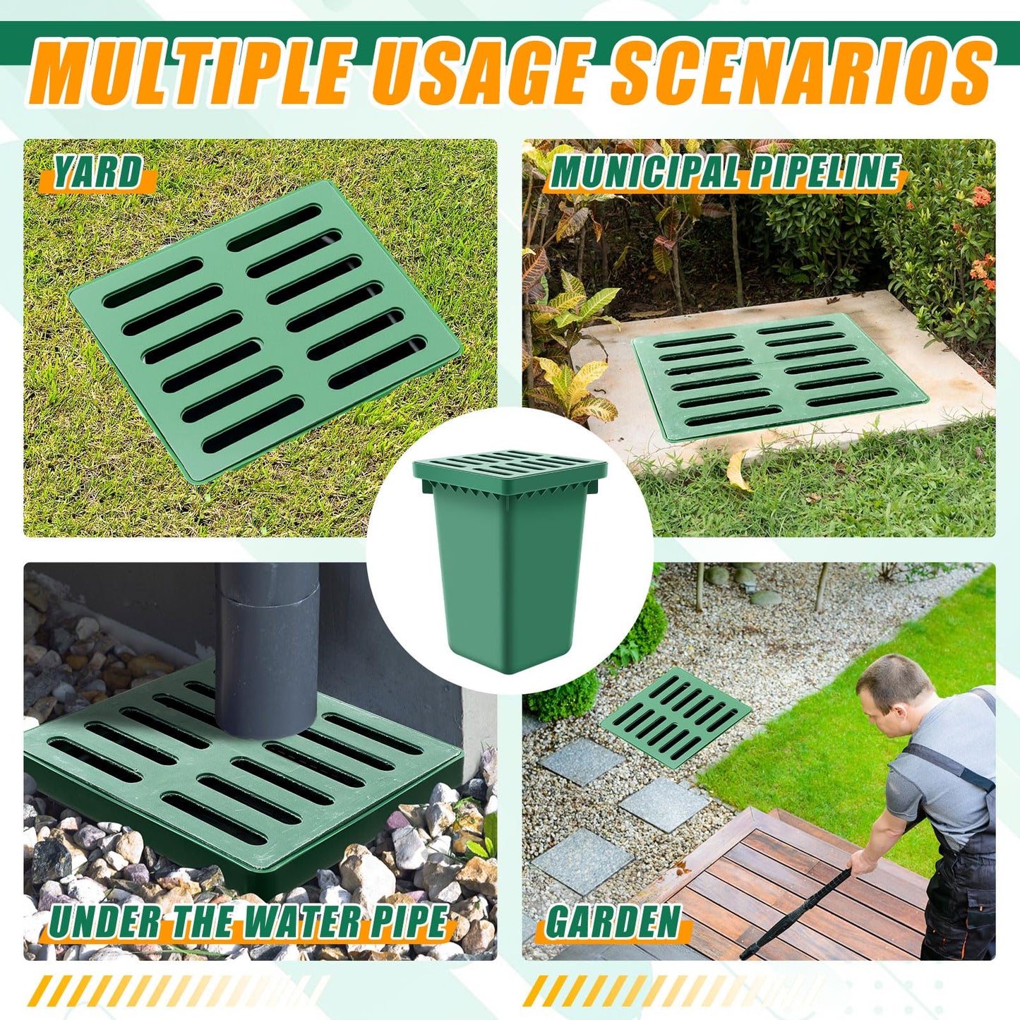 Kritkin Catch Basin with Grate 15 x 15× 24 Inch Square Large Catch Basin for Drainage with Debris Basket French Drain Without Reserved Hole for Yard, Downspout, Lawn, Municipal Pipeline, Green