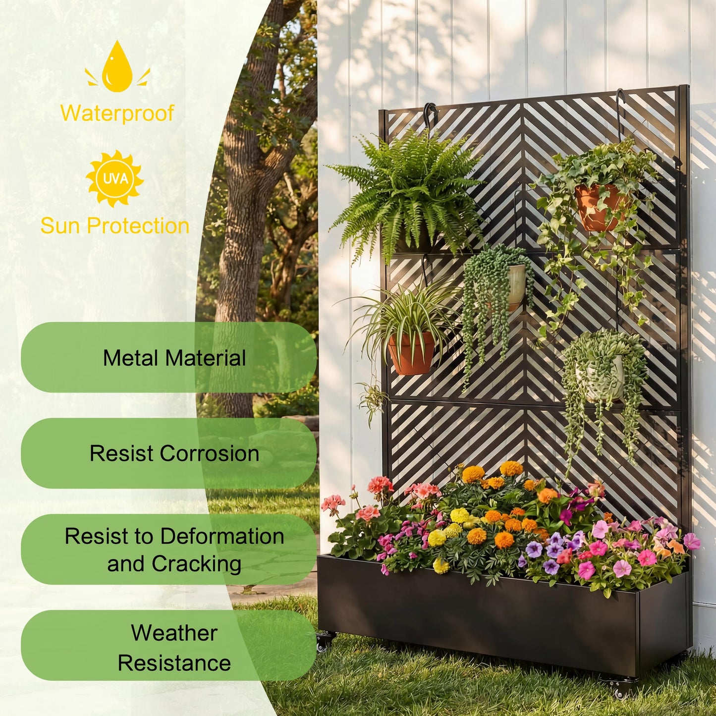 KEIKI 73"x47"x16" Planter Trellis Box with Wheels & Drain Plug, Outdoor Resin Raised Garden Bed for Climbing Plants, Large Weather-Resistant Design, Black