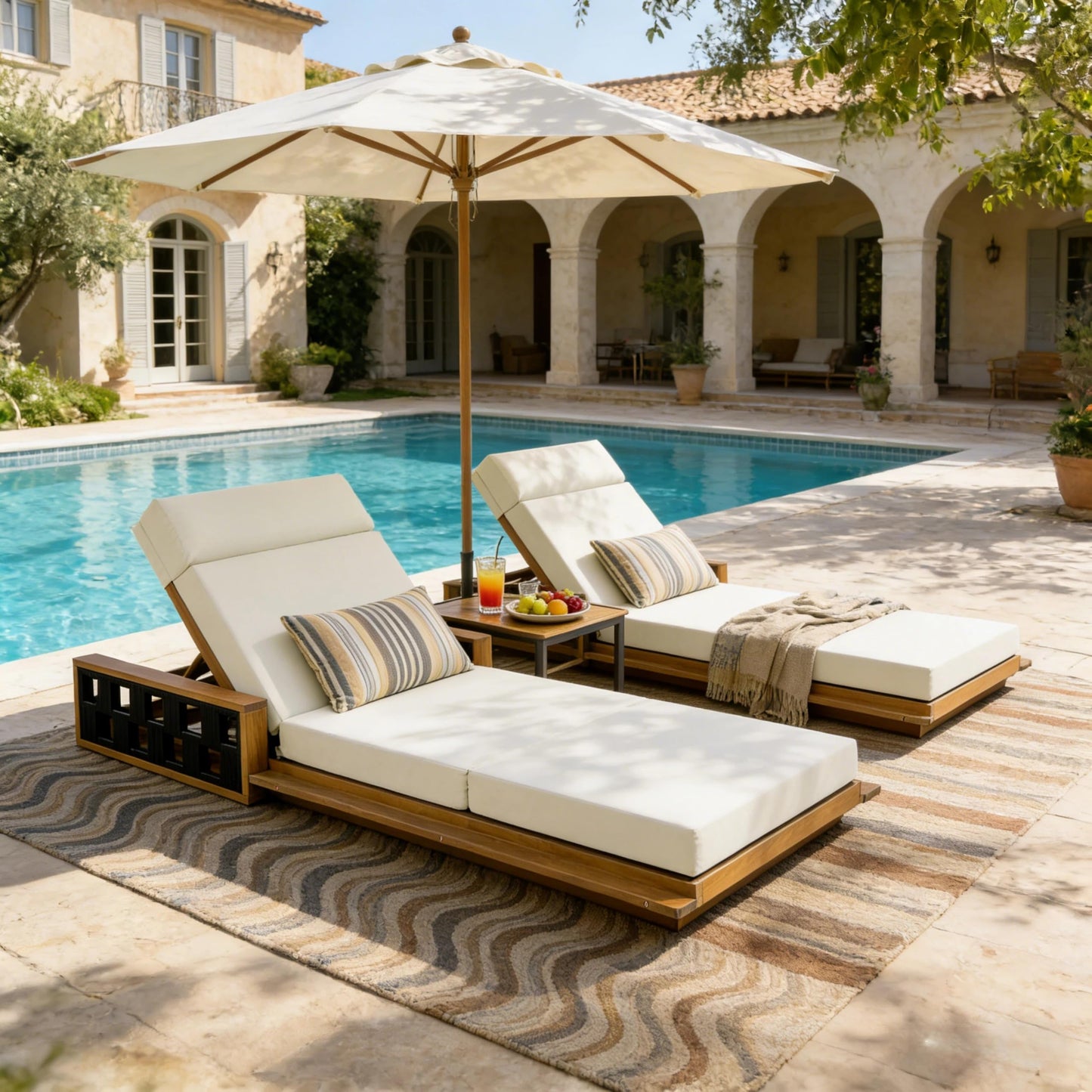 Merax Acacia Wood Patio Chaise Lounge Set of 2, Outdoor Reclining Chairs with 4-Position Adjustable Backrest, 2-Piece Sunbathing Recliner & 4" Thick Four-fold Cushion for Poolside, Garden, Beige