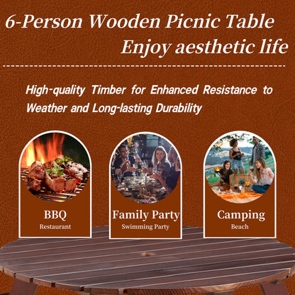 Royard Oaktree 6 Person Wooden Picnic Table, Outdoor Round Picnic Table with 3 Built-in Benches and Umbrella Hole, Outside Table and Bench Set for Backyard, Garden, Porch, Patio, Brown
