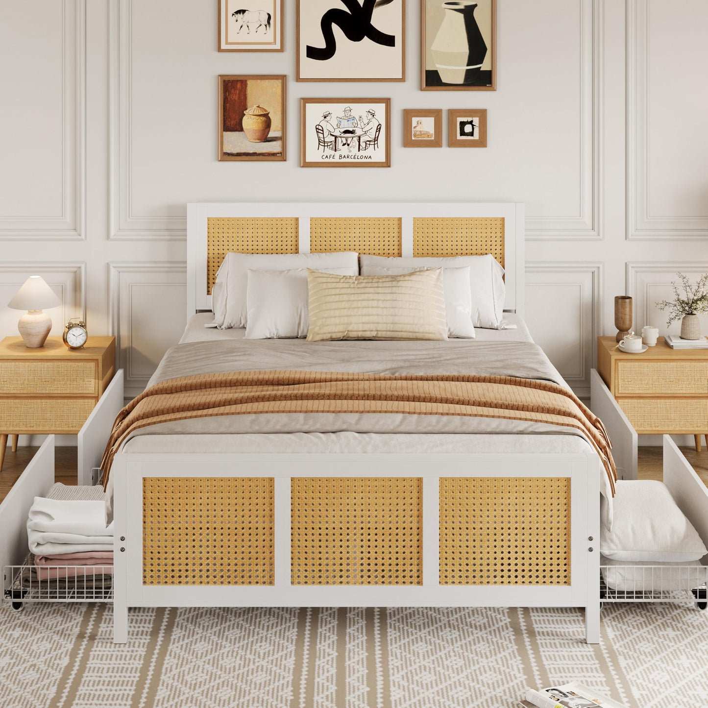 Garvee Rattan Queen Bed Frame with LED Headboard (7 Colors), Boho Cane Platform Bed with 4 Large Drawers, Strong Metal Slats Support, Noise Free, No Box Spring Needed, Easy Assembly, White