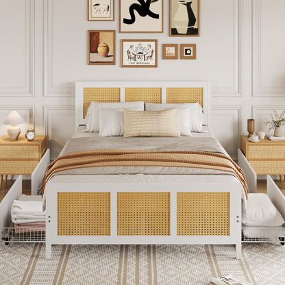 Garvee Rattan Queen Bed Frame with LED Headboard (7 Colors), Boho Cane Platform Bed with 4 Large Drawers, Strong Metal Slats Support, Noise Free, No Box Spring Needed, Easy Assembly, White