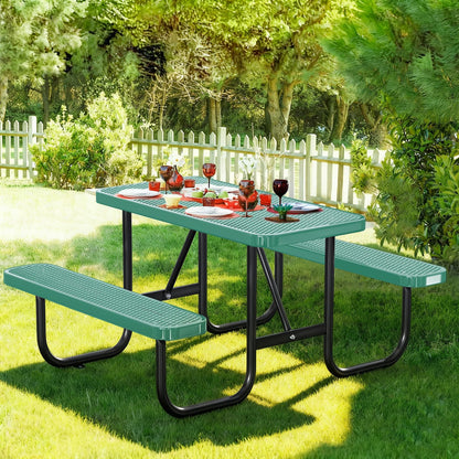 Gaonala 4FT/48IN Heavy Duty Outdoor Picnic Table and 2 Benches for 2-6 People, Weather Resistant Rectangular Steel Picnic Table Set with Umbrella Hole for Yard Patio Lawn Party Green