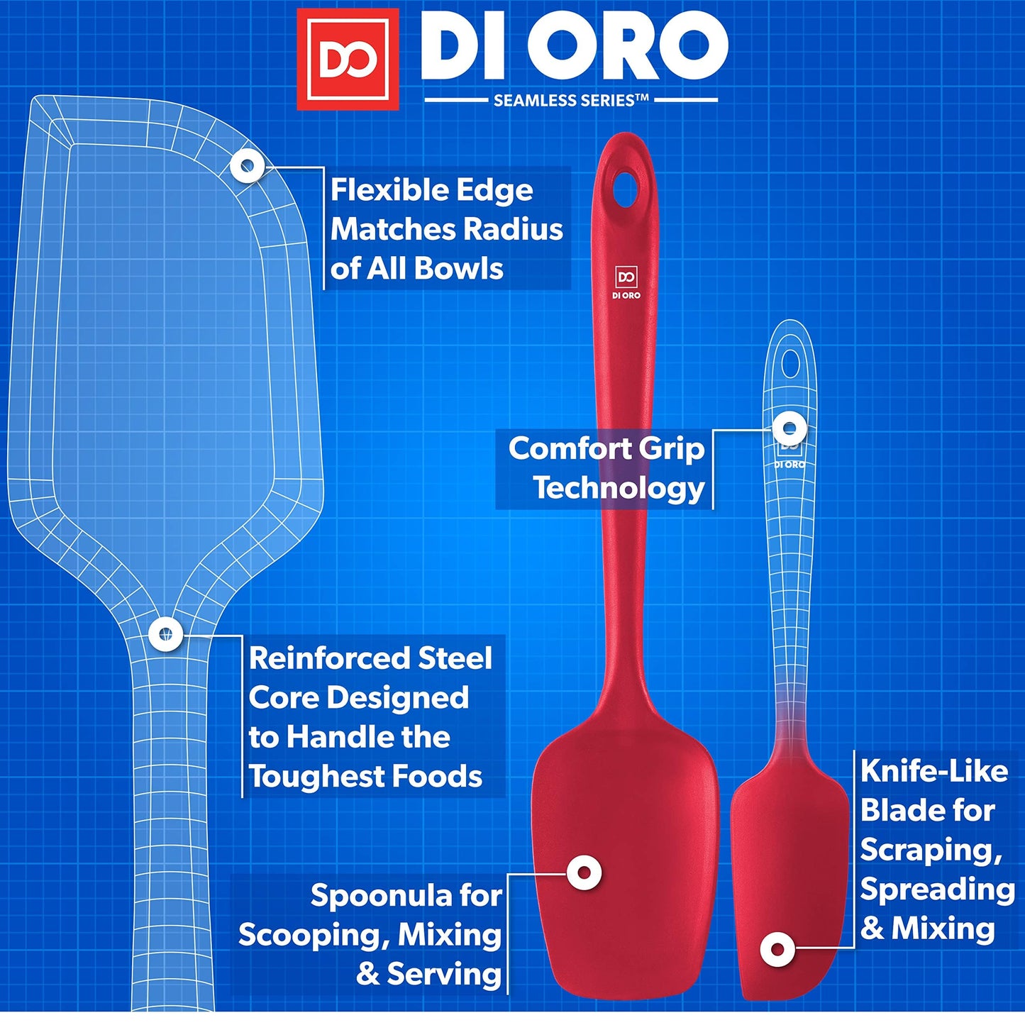 DI ORO Silicone Spatula Set - Rubber Kitchen Spatulas for Baking, Cooking, & Mixing - 600°F Heat-Resistant & BPA Free Silicone Scraper Spatulas for Nonstick Cookware - Dishwasher Safe (5pc, Red)