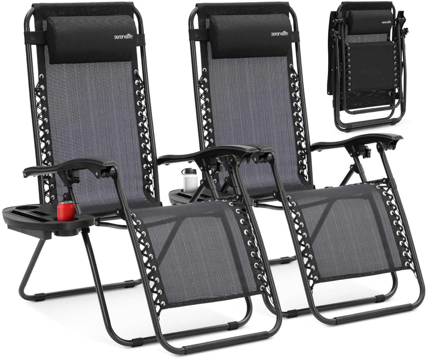 SereneLife Zero Gravity Outdoor Lounge Chairs 2 Pack – Folding Recliners with Side Table, Cup Holder & Padded Headrest – Adjustable Patio Chairs for Lawn, Garden, Deck, Camping (Black)