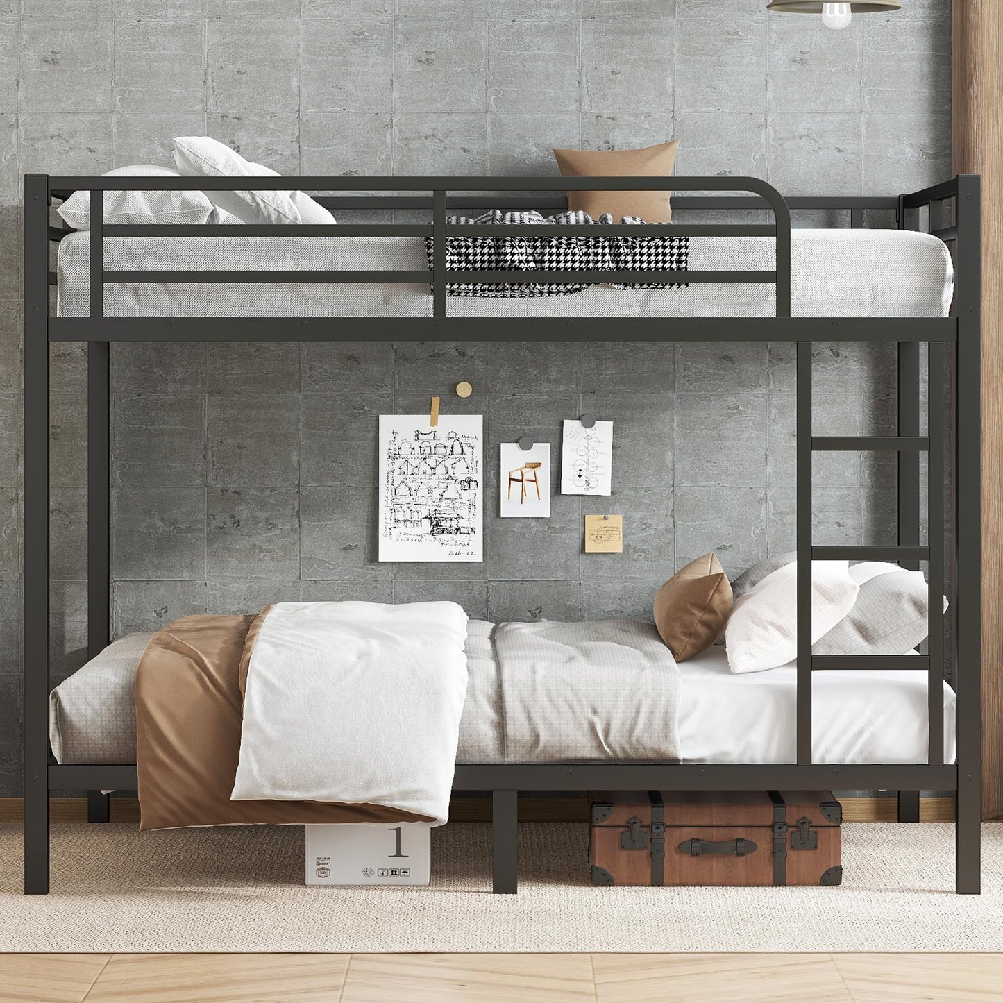 KEIKI Full XL Over Full XL Bunk Bed Metal Frame for Teens & Adults, Heavy Duty Space Saving Bunk Bed Frame with Safety Guardrails & Ladder, Noise Free, No Box Spring Needed, Easy Assembly, Black
