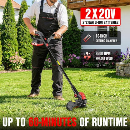 EWORK Cordless 20V Weed Wacker - 10-Inch Cutter Blade with 2×2.0Ah Batteries & Fast Charger | 2-in-1 Electric Grass Trimmer for Lawn & Garden