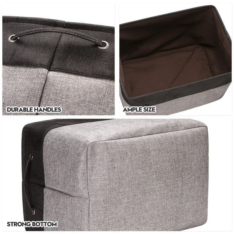 Sea Team 3-Pack Extra Large Storage Basket Set, Trunk Organizer, Clothes Toys Bin, 22 x 15 x 13 Inches, Rectangular Canvas Fabric Collapsible Shelf Box with Handles for Kids Room (Grey/Black)