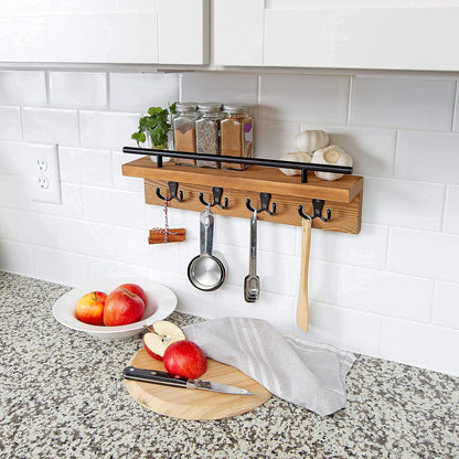 Mail and Key Holder for Wall, Decorative Wooden Shelf with Hooks, Wall Mounted Coat Rack (Light Brown)