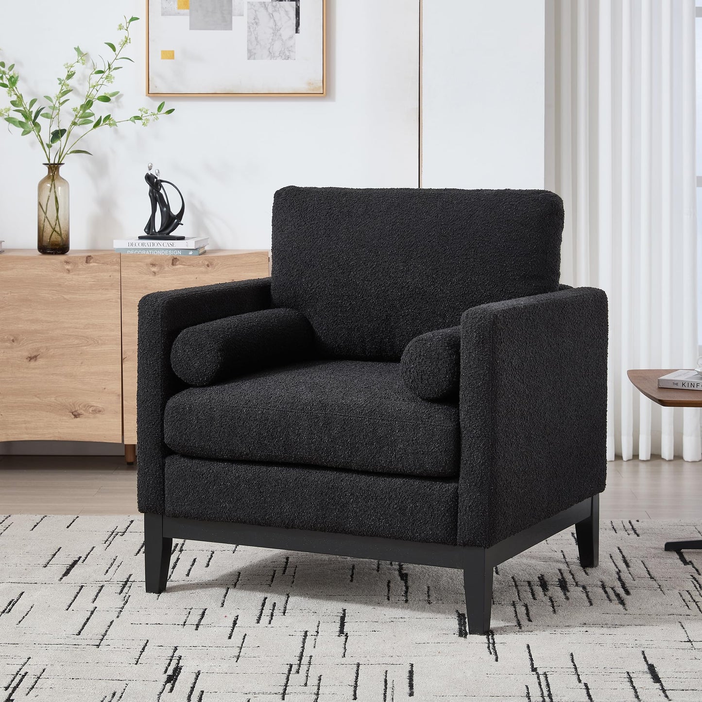 KEIKI 35.4" W Accent Chair with 2 Pillows, Farmhouse Boucle Upholstered Single Sofa with Wood Legs for Living Room & Office, Black