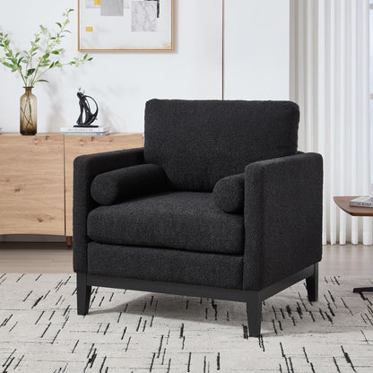 KEIKI 35.4" W Accent Chair with 2 Pillows, Farmhouse Boucle Upholstered Single Sofa with Wood Legs for Living Room & Office, Black