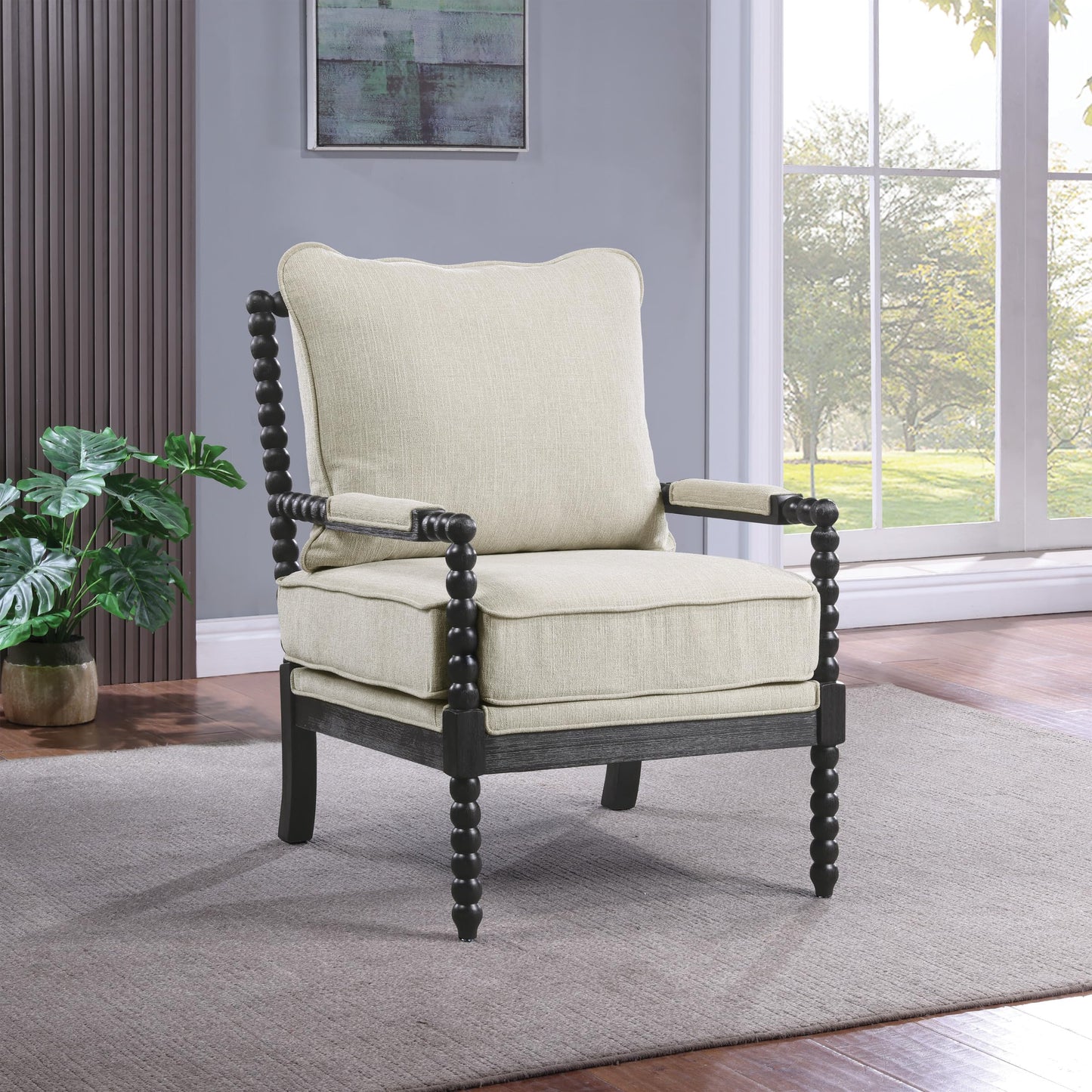 OSP Home Furnishings Eliza Spindle Accent Chair, Linen Fabric with Black Wood