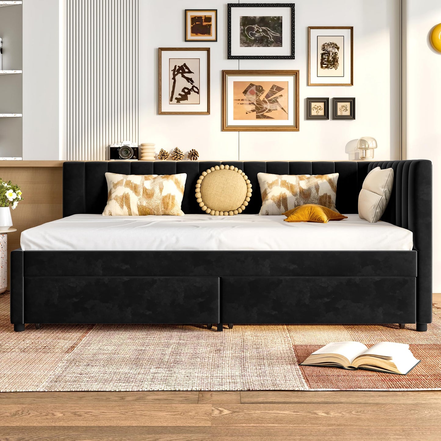 KEIKI Full Size Corner Daybed with 2 Storage Drawers, Upholstered Velvet Bed Frame, L Shaped Sofa Bed with Backrest, Wooden Slats Support, No Box Spring Needed for Guest Room, Small Space, Black