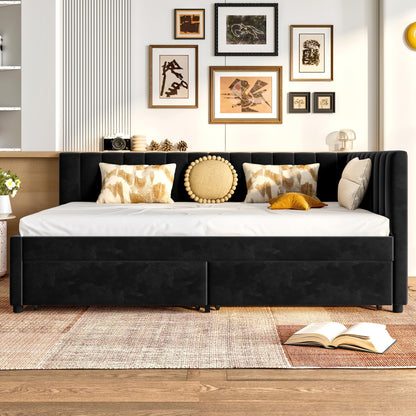 GDFStudio Twin Size Daybed with Trundle, Upholstered Platform Bed Frame with LED Light, Storage Shelves, USB Charging Station, Velvet Twin Bed Frame with Slat Support, No Box Spring Needed, Dark Grey