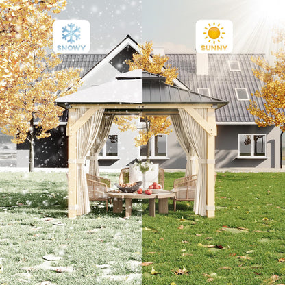10x10 FT Hardtop Wood Gazebo, Outdoor Patio Pavilion with Cedar Frame, Double Galvanized Steel Roof, Curtains and Mesh Netting, Ceiling Hook Shelter for Backyard Deck Lawn Garden, Khaki
