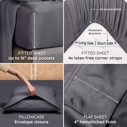 Bambaw Bamboo Sheets Set - 100% Viscose Cooling Queen Size | Super Soft, Deep Pocket, Charcoal