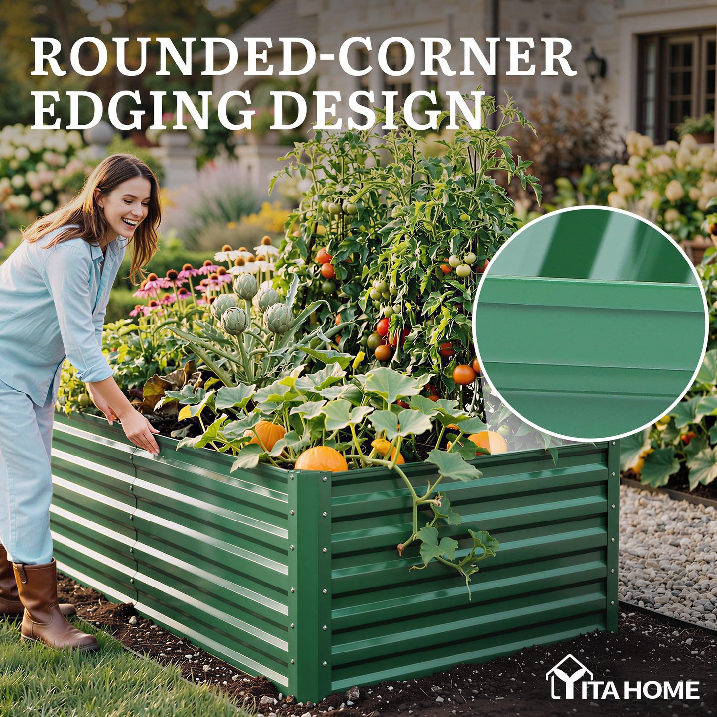 YITAHOME 4pcs 72x36x24 in Galvanized Raised Garden Bed Kit, Large Metal Planter Box with Gloves & Support Rod, Outdoor Flower Bed for Plants Vegetables, Green