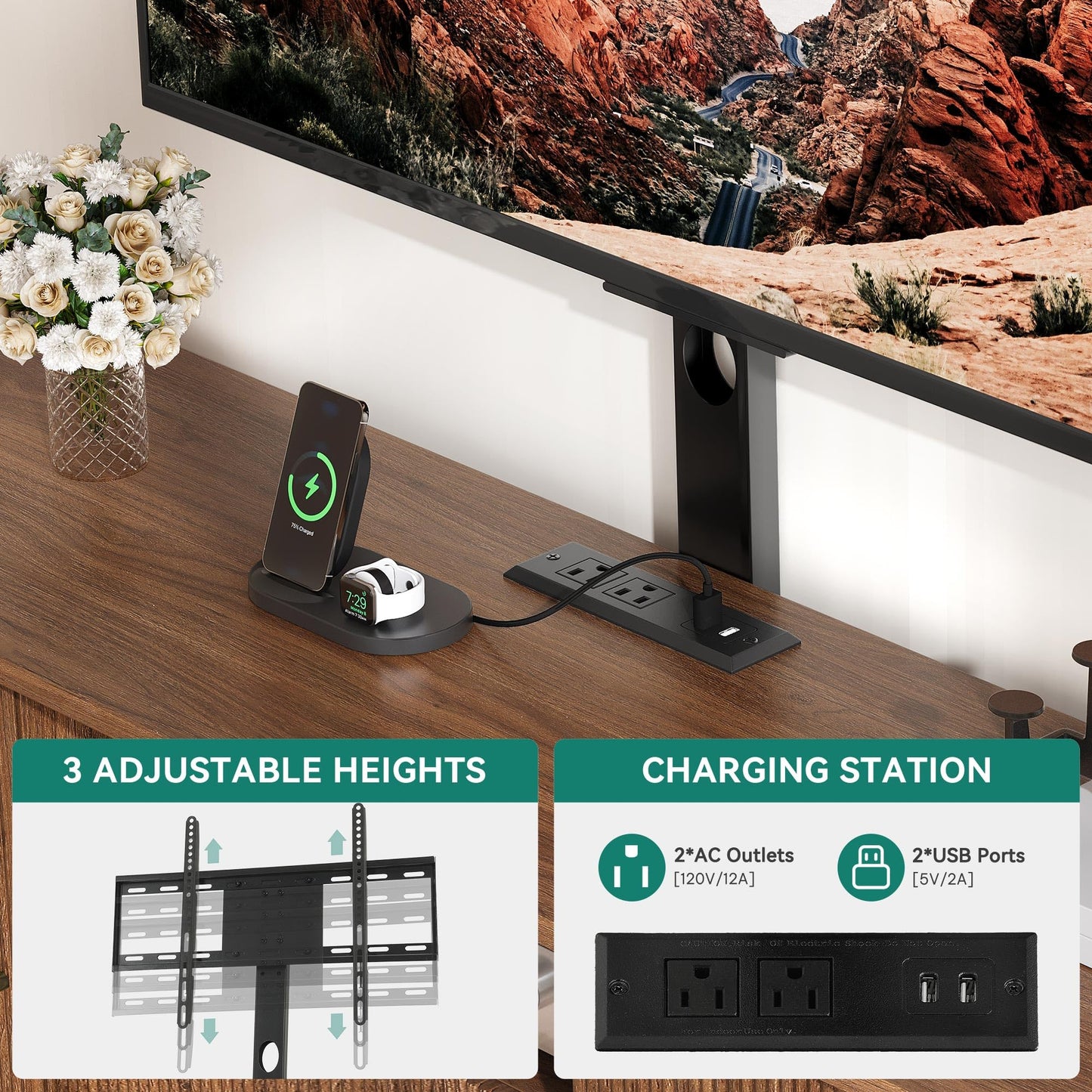 YITAHOME TV Stand with Mount and Power Outlet, Modern Entertainment Center with 3 Height Adjustment TV Mount for 32-70 inch TVs, LED Fluted TV Media Console with Sliding Doors, Curved Profile Design