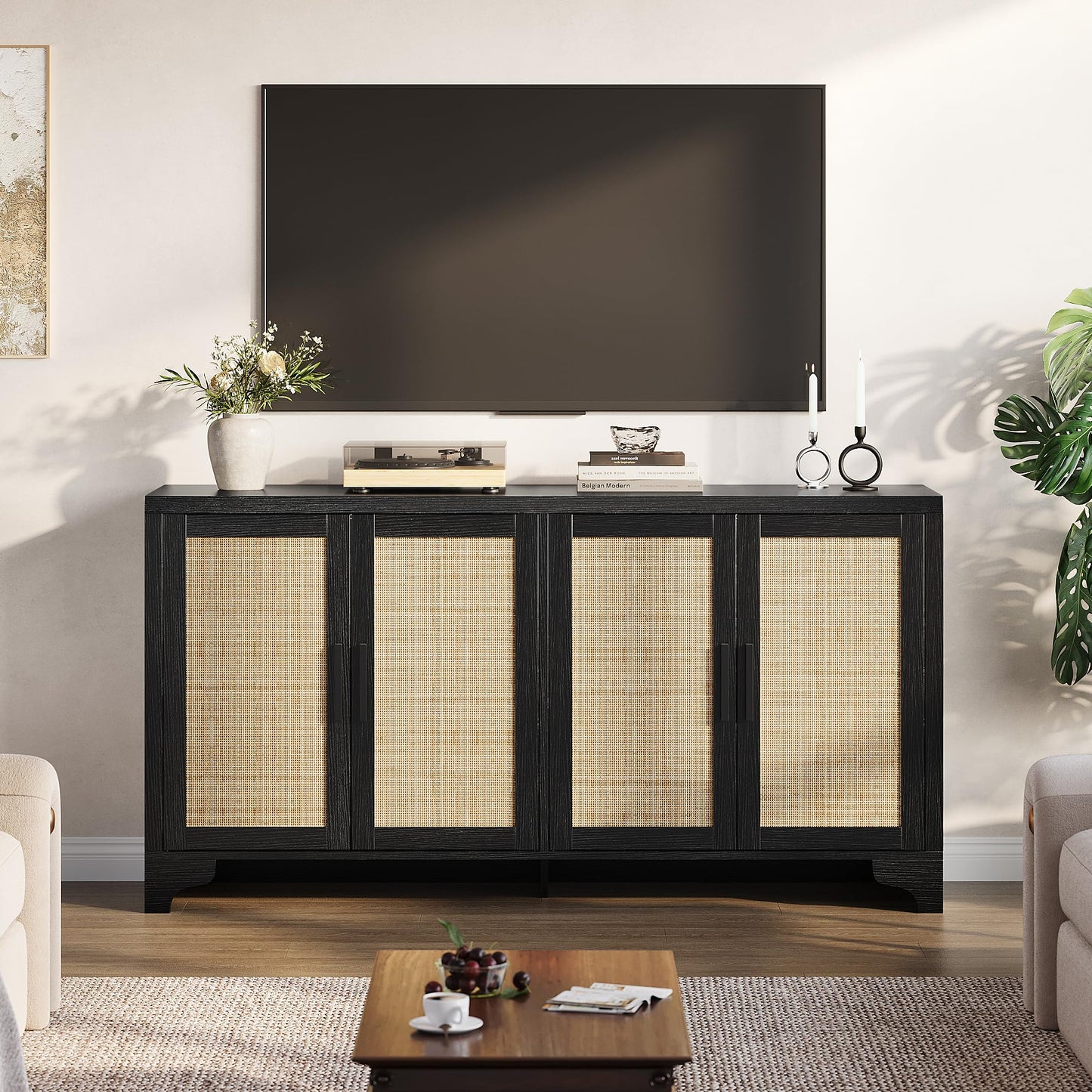 Garvee Natural Rattan Storage Cabinet with Shelves, 4-Door Sideboard Buffet Cabinet, Boho TV Stand Console Table for Living Room, Entryway, Dinning Room