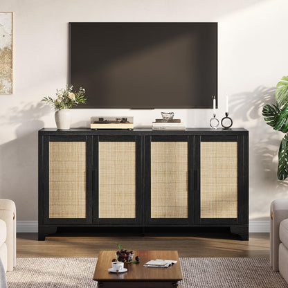 Farmhouse Large Sideboard Buffet with Natural Rattan Doors, 4-Door Storage Cabinet for Kitchen, Living Room, or Entryway, Spacious Storage Solution, Rustic Accent Cabinet for Home Organization