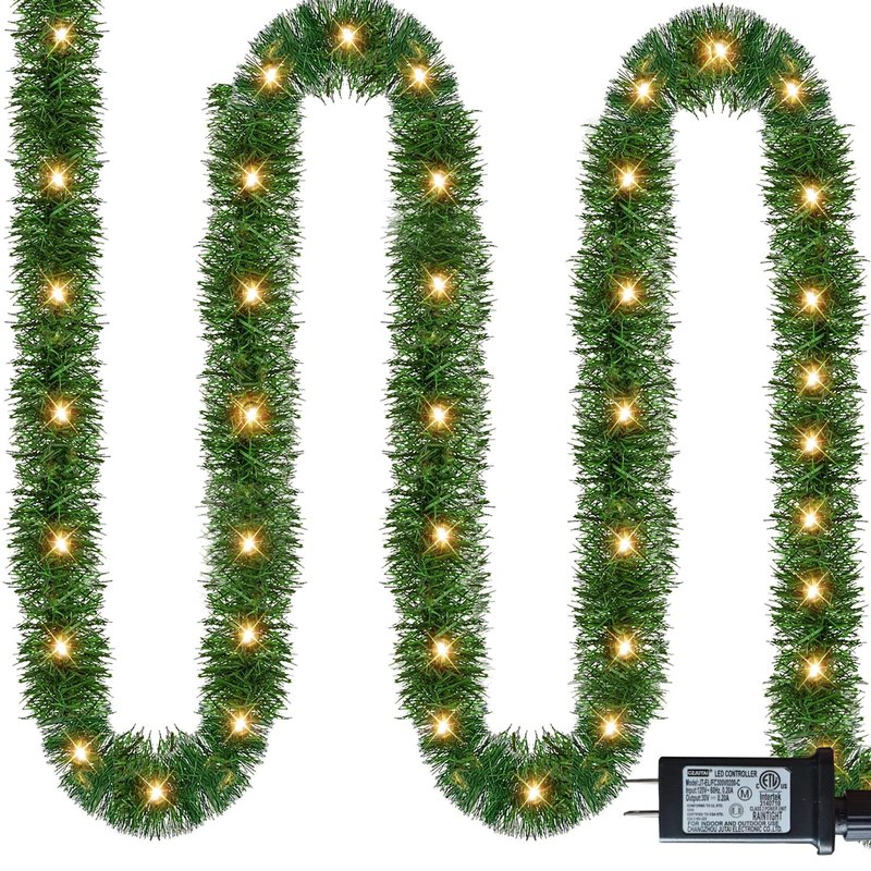 NEROSUN 50 FT Christmas Green Garland, 150 LED Pre-lit Lights Lighted Artificial Pine Garlands, for Indoor Outdoor Gate Home Winter Holiday Christmas Decorations