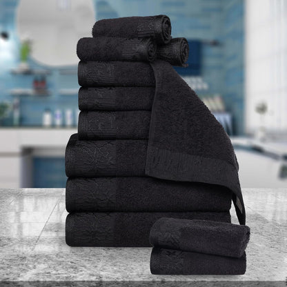 12 Set, 3 3 6 Superior Piece Cotton Towel Floral Jacquard Dobby Border, Quick Dry, Decorative Bathroom, Shower, Bath
