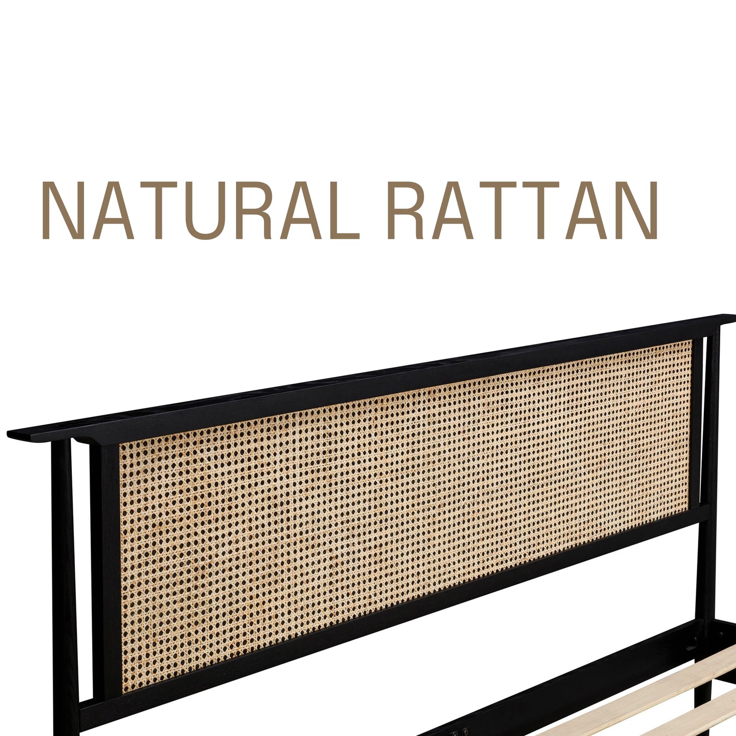 NTC Ruby Wooden Bed Frame with Headboard and Natural Rattan, Solid Oak Foundation with Silent Slats, 1000 Lb Capacity, Effortless Assembly, King - Burnt Black