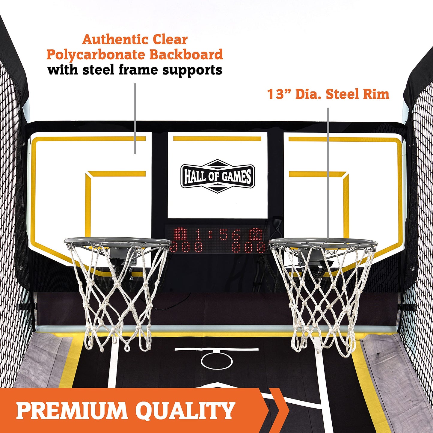 Hall of Games Xtra Long Shot EZ-Fold Premium Arcade Basketball Game with Built-in 4-Ball Storage Rack, Pop Off with The Perfect Basketball Game