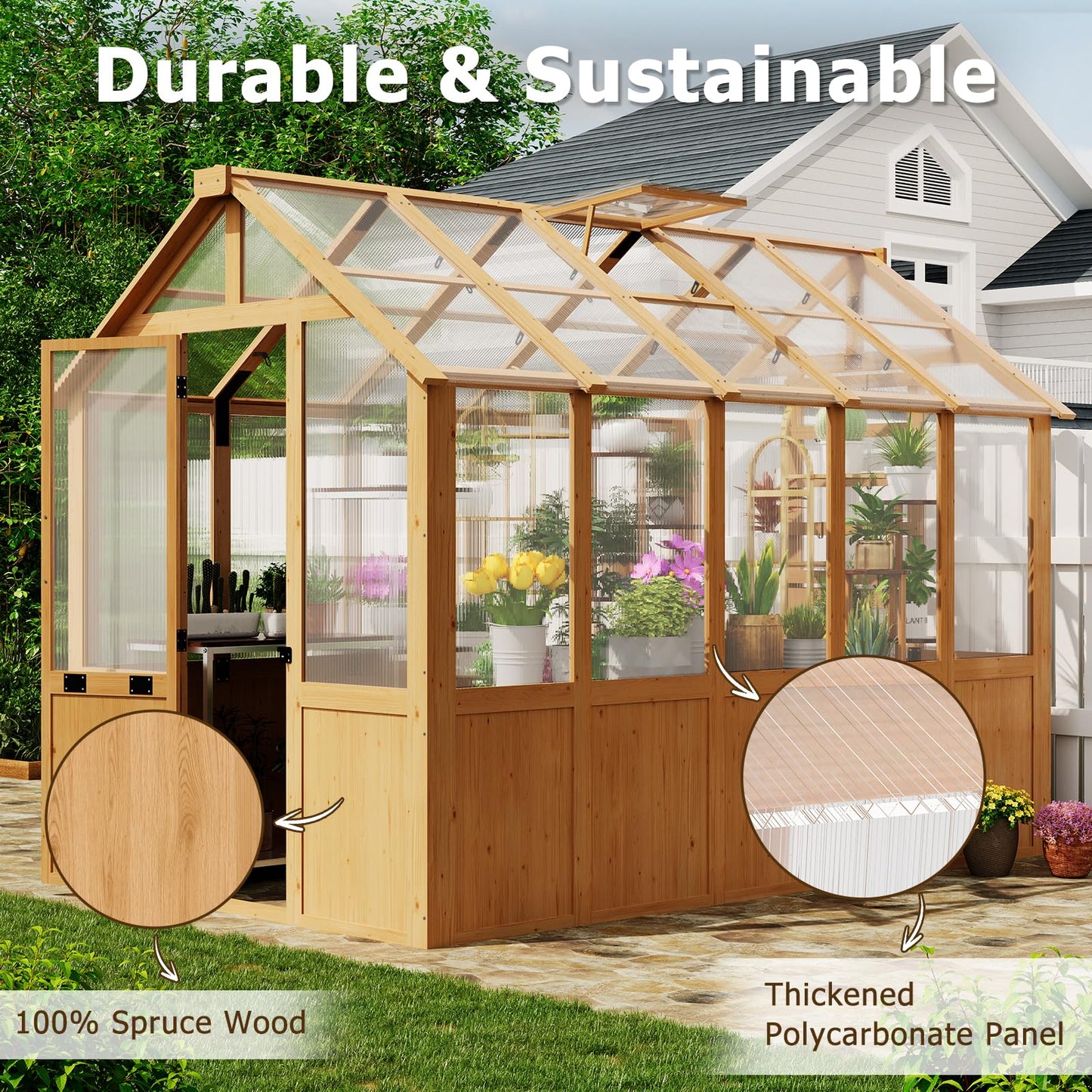 EROMMY 6x10 FT Wooden Greenhouse for Outdoors, Walk-in Greenhouse Kit with 4mm Polycarbonate Panels, Adjustable Roof Vent, Lockable Door, Backyard Greenhouse for Plants and Vegetables