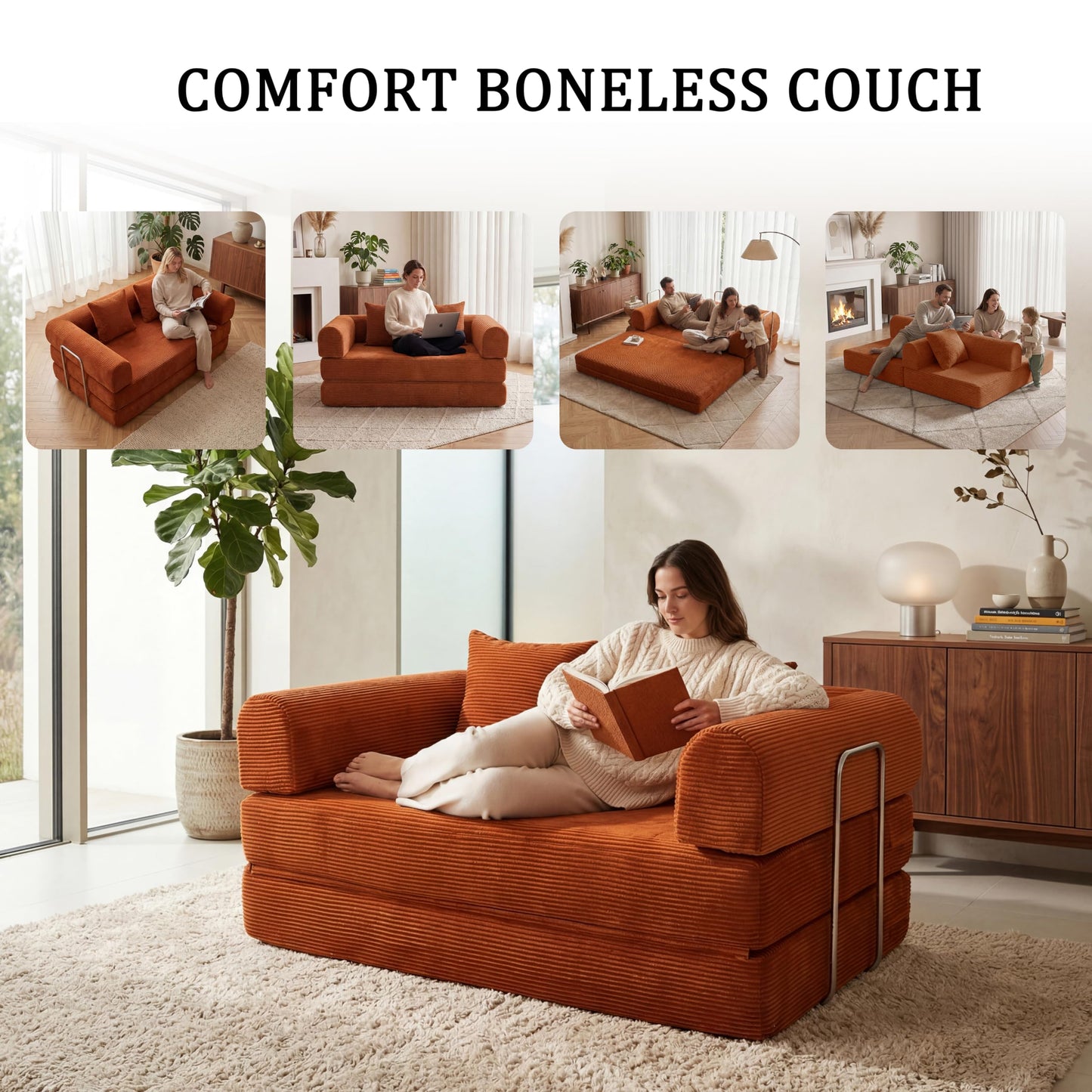 53.15"Boneless Couch,4-in-1 Futon Sofa Bed Modular Loveseat Sleeper Folding Compressed Couch with Pillows,No Assembly Required Convertible Sofa Bed for Living Room Bedroom Guest Room,Orange
