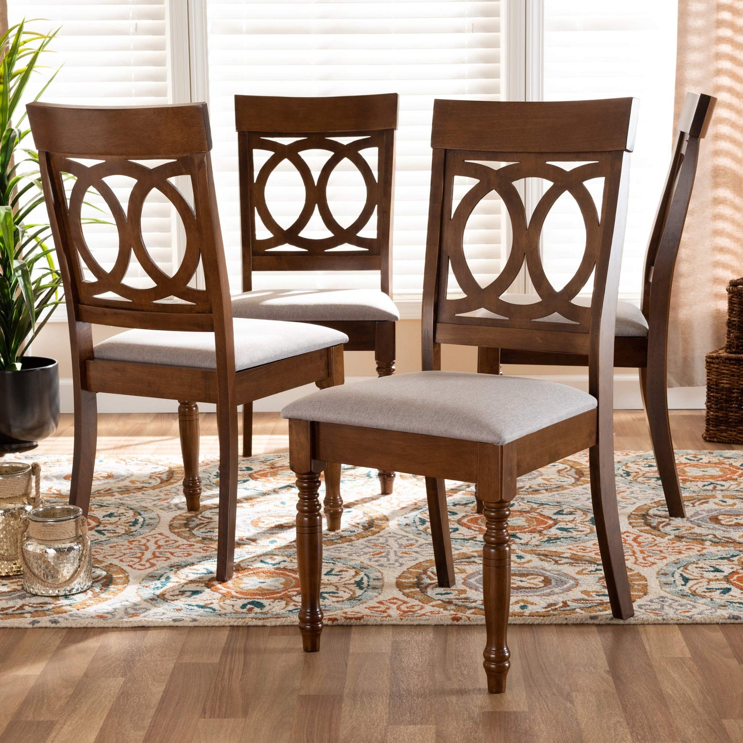 Baxton Studio Lucie 4-Piece Dining Chair Set - Grey Fabric Upholstered With Walnut Brown Finished Wood