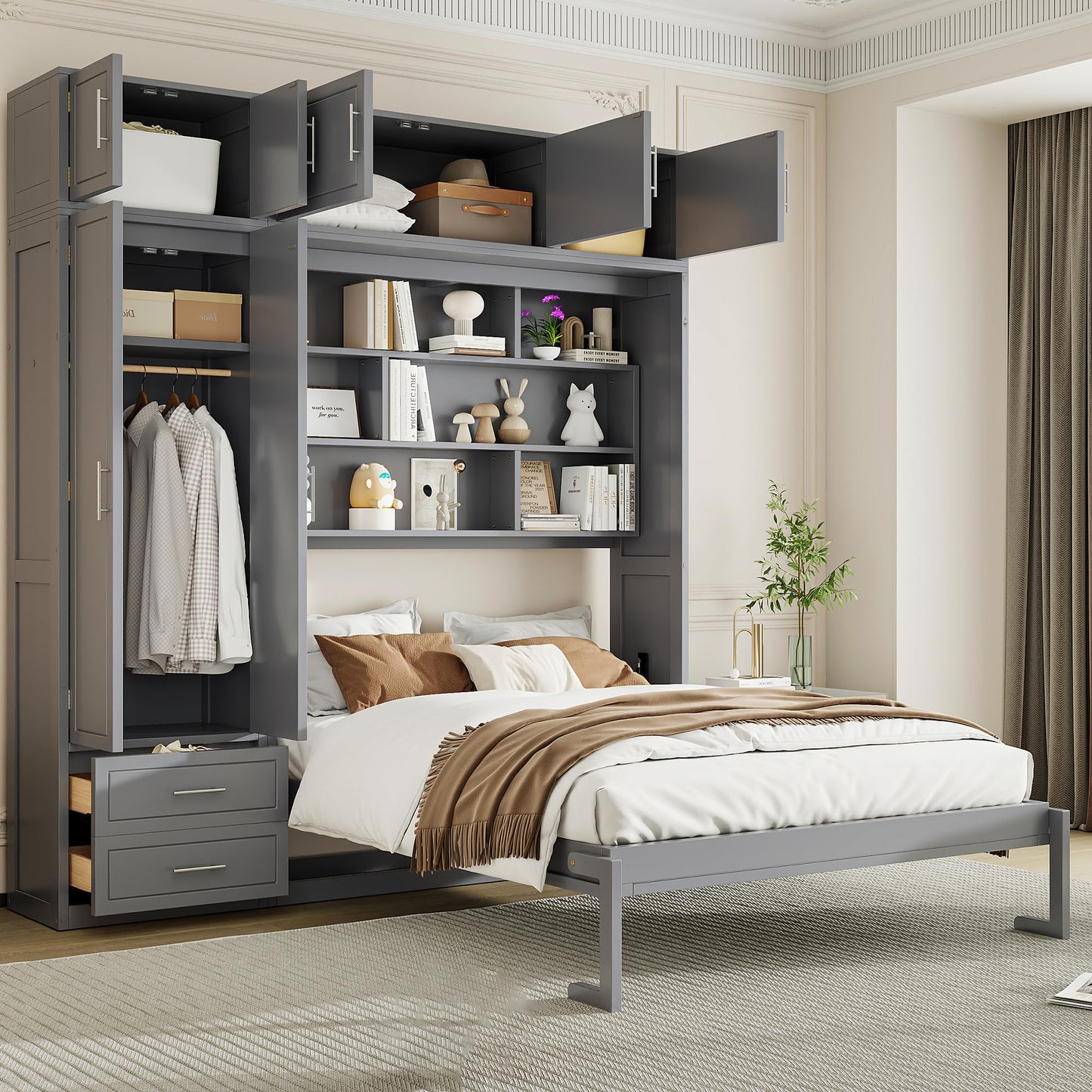 Merax Queen Size Murphy Bed with Shelves, Top Cabinet and Wardrobe, Fold into The Wall, Multifunctional Foldable Platform Bed Frame for Bedroom, Guest Room, Home Office, Space-Saving Design, Gray