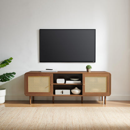 Crosley Furniture Nora Modern Record Player Cabinet with Vinyl Storage, Rattan Turntable Stand for Records, Walnut