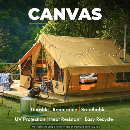 RBM Outdoors Panda Air Large Inflatable Canvas Camping Tent for 2–6 People – Air Beam Tent with Stove Jack, Fast Setup, Hand Pump Included, Beige, Set