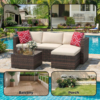 5-Piece Patio Sectional Sofa Set, All-Weather Brown PE Rattan Outdoor Conversation Furniture with Neutral-Tone Cushions, Glass Coffee Table & Footstool, Modular Design for Garden, Porch, Balcony, Pool